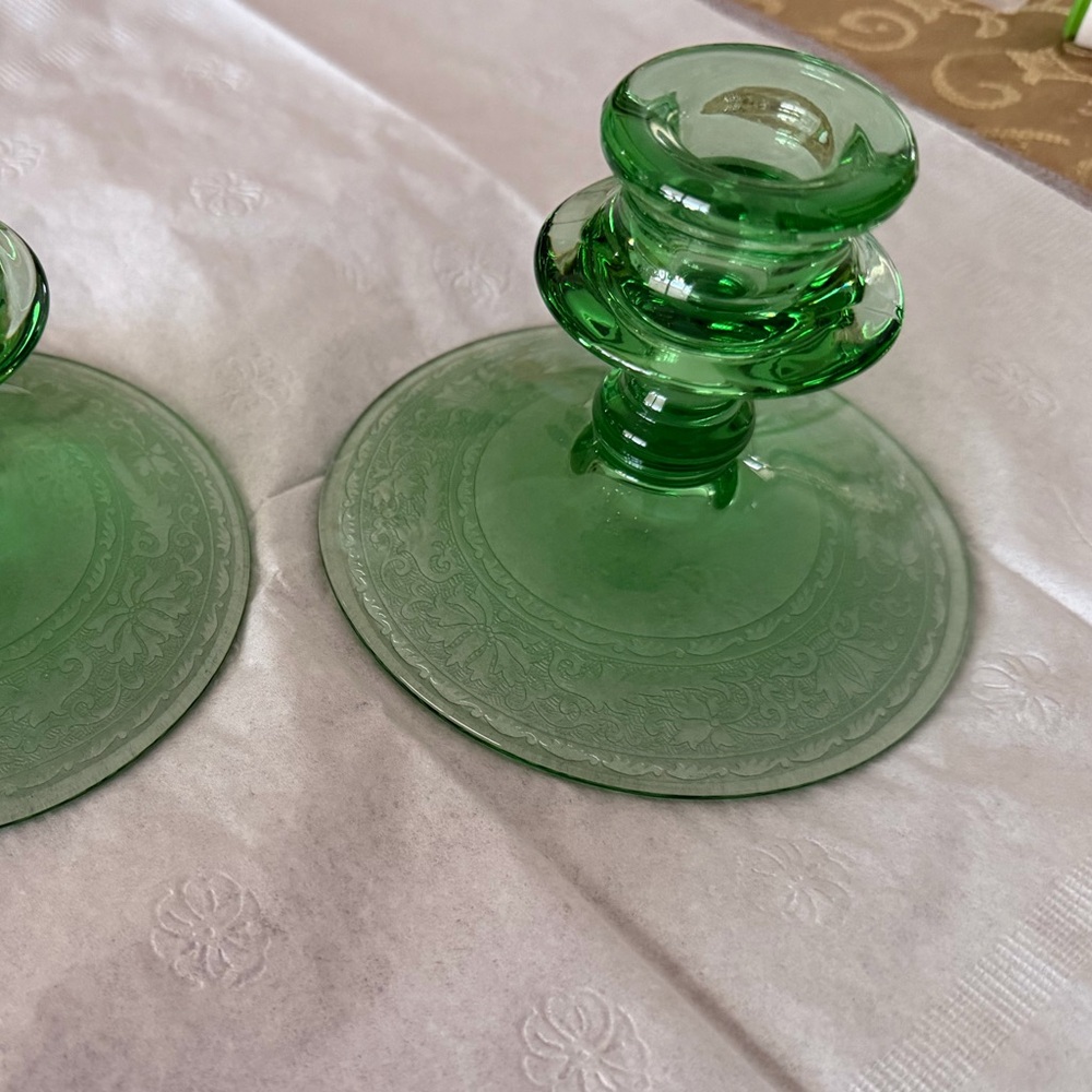 Fostoria Royal Green Depression Glass Candlestick Holders - Picture 4 of 4